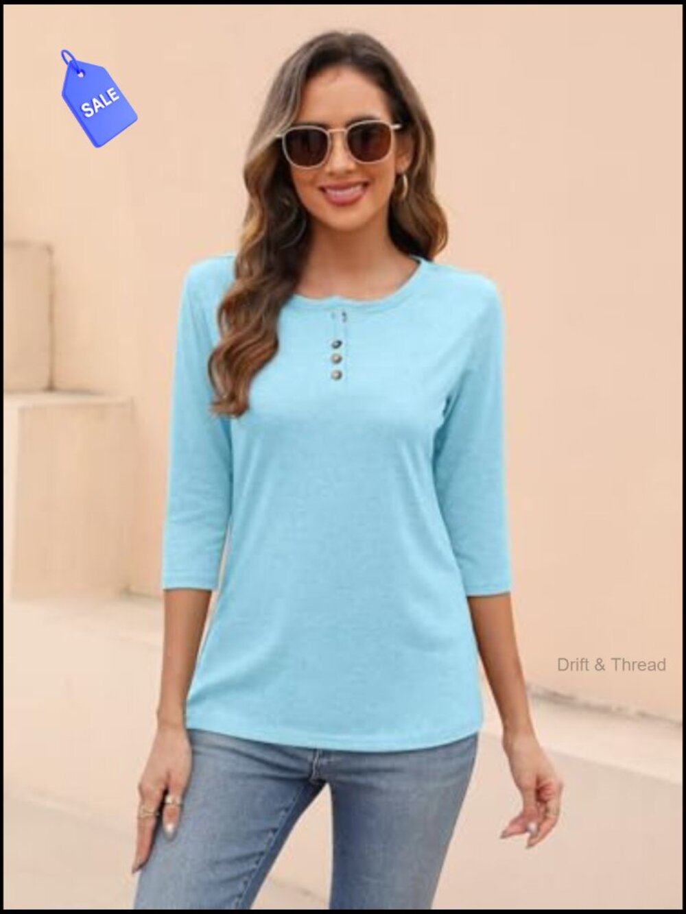 Women's 3/4 Sleeve Crew Neck Tunic Top Button Down Tee Blouse - Picture 3 of 7